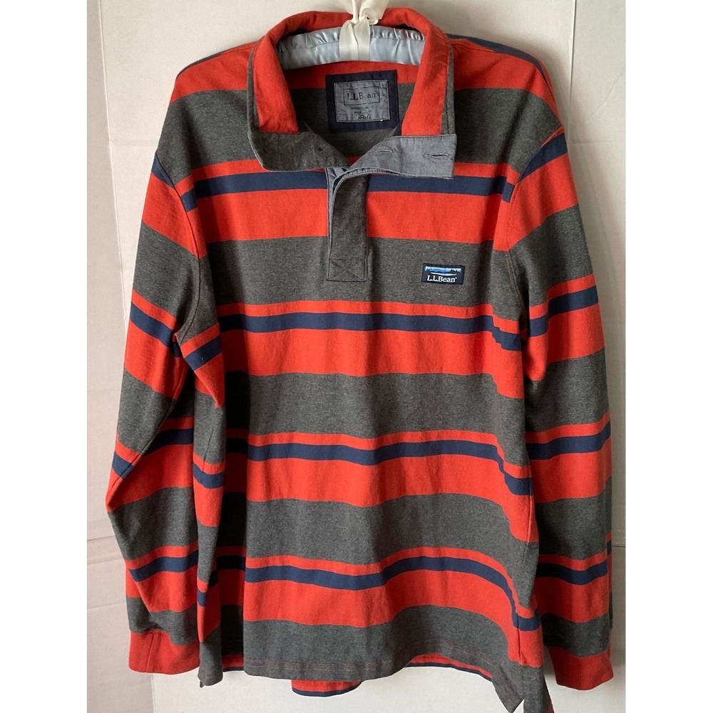 LL Bean Mens Striped Rugby Shirt Orange Grey Navy Blue Cotton 507514 LG REG